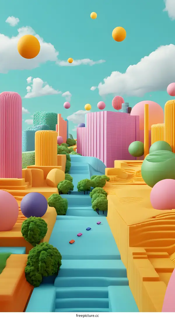 Abstract 3D Cityscape with Pastel Colors and Floating Spheres