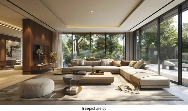 Modern Living Room Interior Design with Large Windows and Sectional Sofa