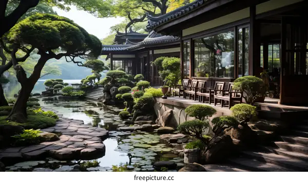 Courtyard with a view of a lake and a garden
