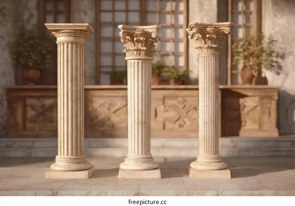 Three Classical Stone Columns in a Courtyard Setting