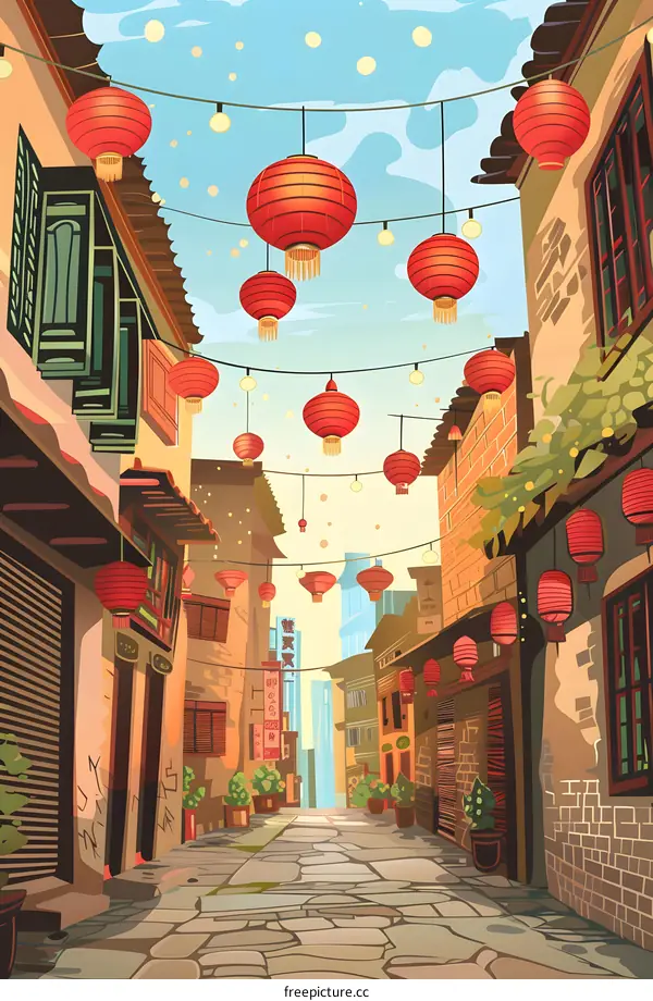 Chinese New Year Street Decorated With Red Lanterns