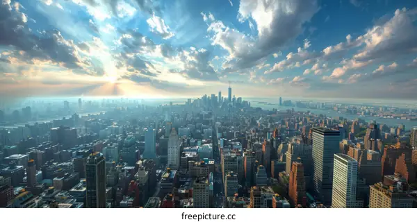 New York City Skyline at Sunset with Rays of Light