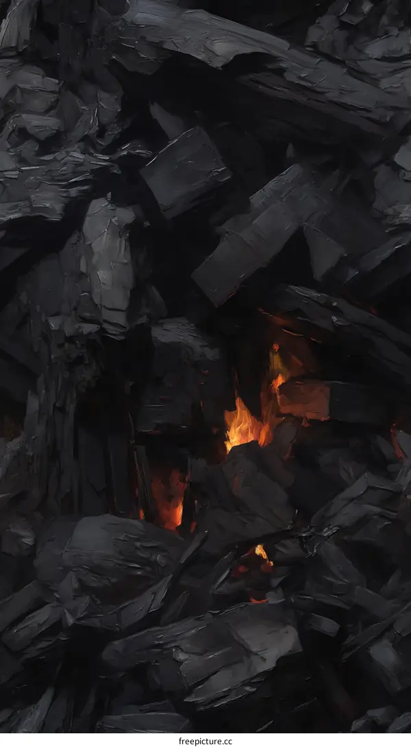 Glowing orange embers of a dying fire in a pile of black charcoal