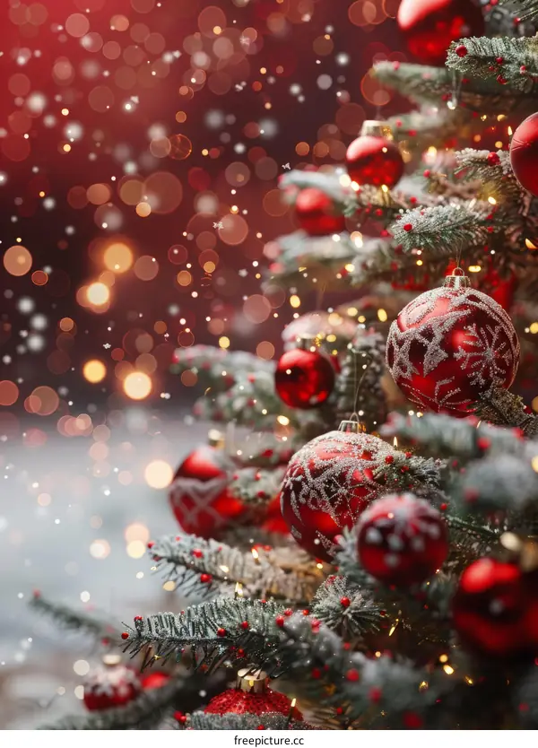 Christmas Tree with Red Ornaments and Lights