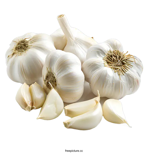 [Transparent Background PNG]Fresh garlic bulbs and cloves on white background
