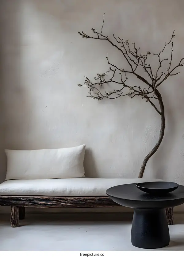 Minimalist Interior Design with Wooden Bench and Branch Decor