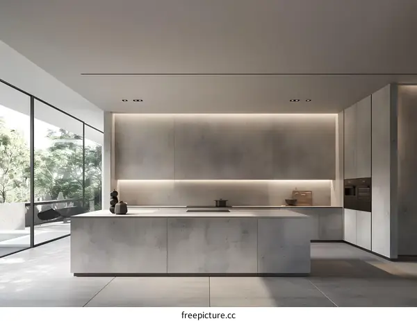 Modern Kitchen Interior Design with Concrete Countertop and Large Windows