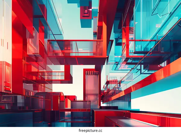 Abstract Architecture with Red And Blue Glass Panels