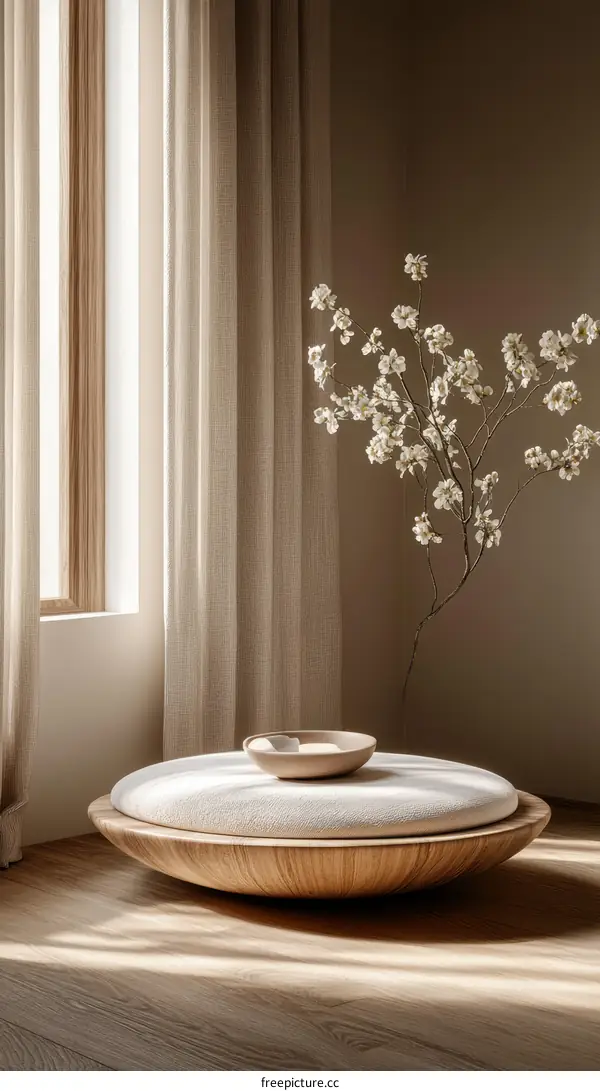 Modern Wooden Rotating Ottoman in a Light Beige Room