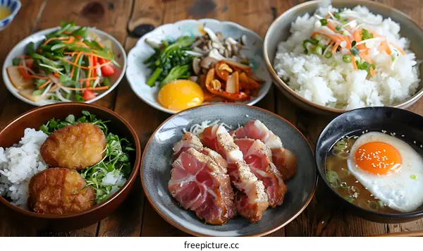 A delicious Japanese meal with rice, fish, vegetables, and soup
