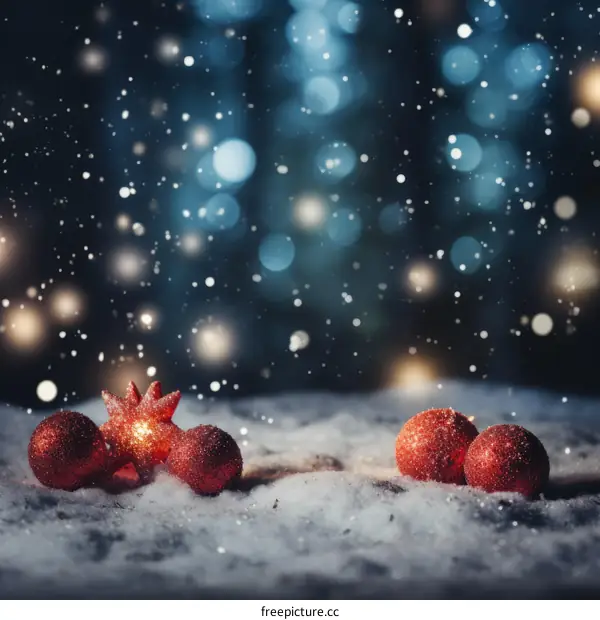 Red Christmas ornaments on snow with blurred lights in the background