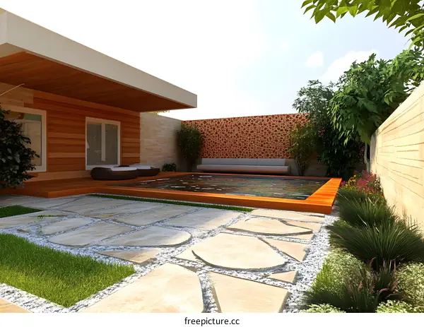 Modern Minimalist Backyard With Pool And Stone Patio