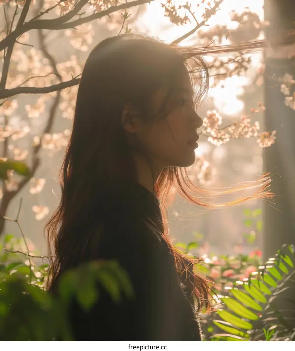 Portrait of a young woman standing in a garden with cherry blossoms