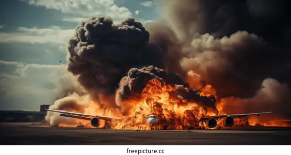 A plane is exploding on the runway with huge flames and black smoke