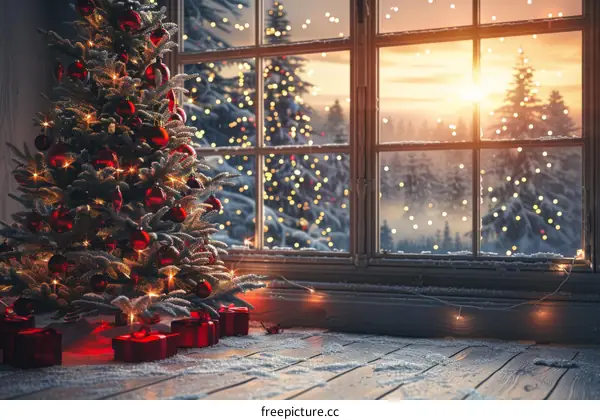 Red Christmas Ornaments on Snowy Window