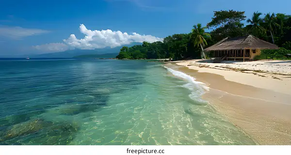Tropical beach with hut and turquoise water
