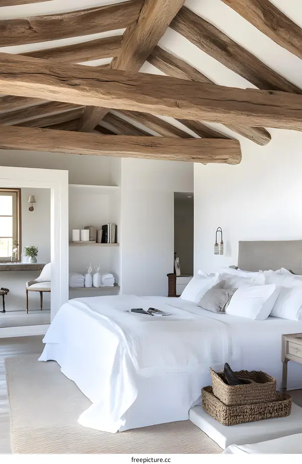 Minimalist Bedroom Interior Design with Exposed Wooden Beams