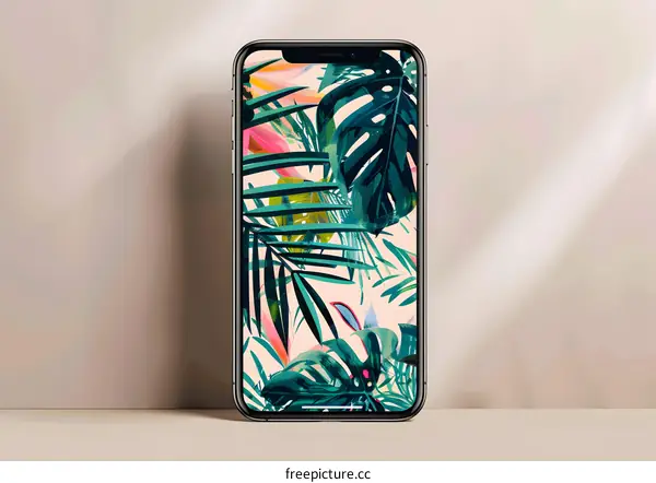 Phone Display with Tropical Leaves Wallpaper