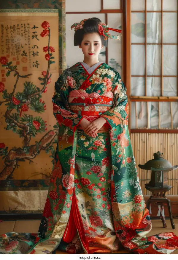 A Japanese woman wearing a kimono is standing in a traditional Japanese room.