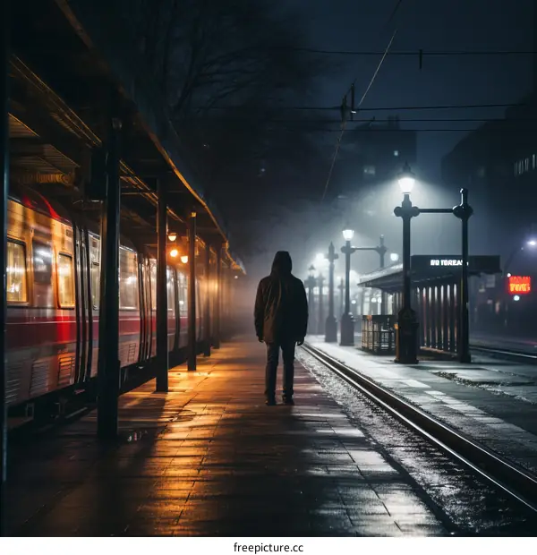 Solitary Figure on a Foggy Train Platform at Night