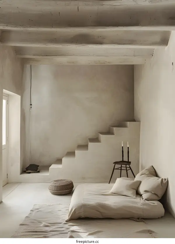 Minimalist Bedroom Interior Design With Concrete Beams And A Wicker Stool