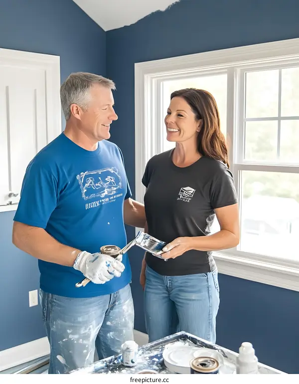 Couple Painting a Room Together With a Blue Paint Color