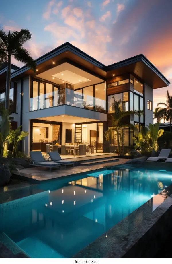 Luxury Modern Home with Pool and Palm Trees at Sunset