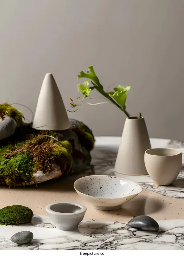 Ceramic Vases and Bowls with Green Flower on Marble Tabletop