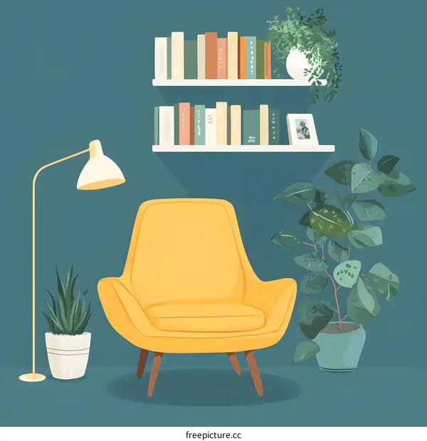 Yellow Armchair in a Cozy Room with Bookshelf and Plants