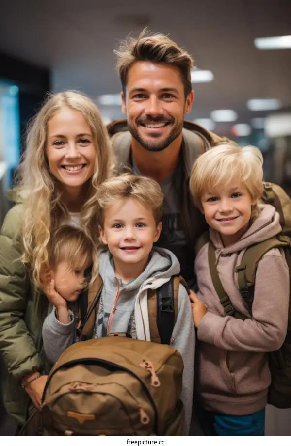 Happy family of five ready for vacation