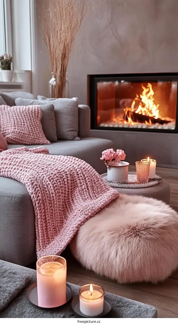 Cozy Pink Living Room with Fireplace