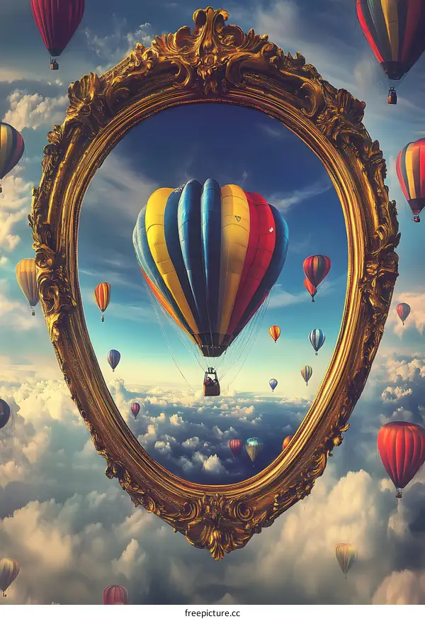 Golden Frame With Hot Air Balloons In The Sky