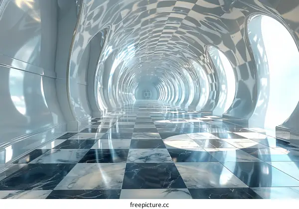 Futuristic Checkered Tunnel with Arched Openings