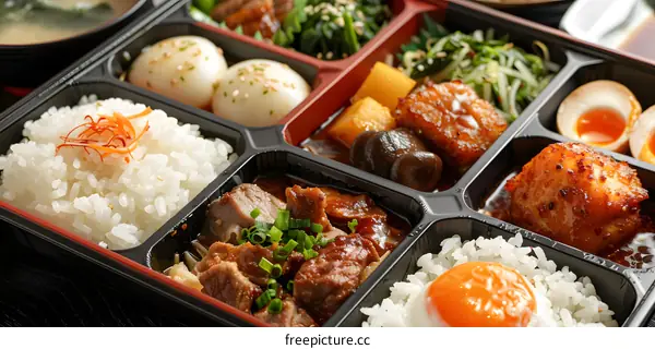 Close Up of Japanese Bento Box with White Rice, Meat, and Eggs