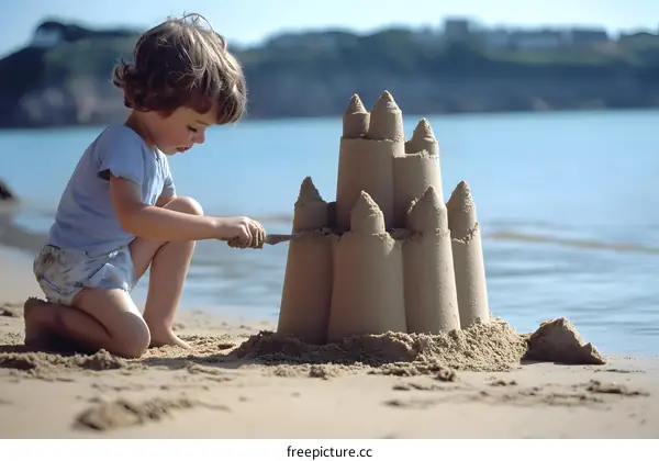Little Kid Building a Sandcastle on a Beach