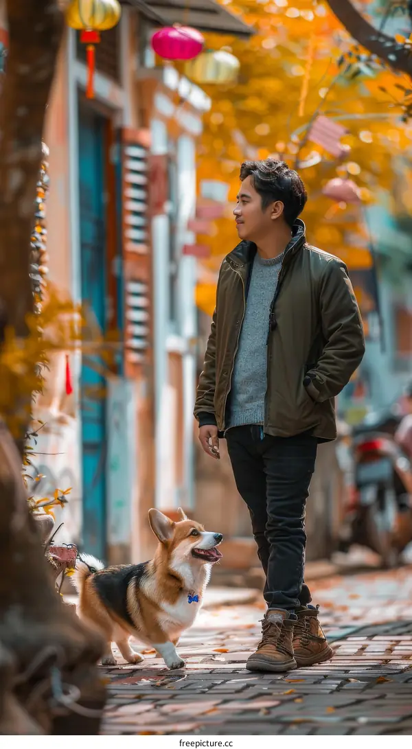 A man walking his dog in the street