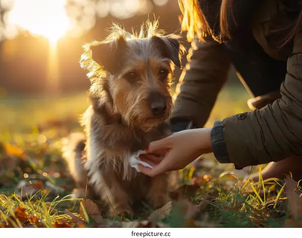 A woman cleaning her dog's paws with a wet wipe in the park