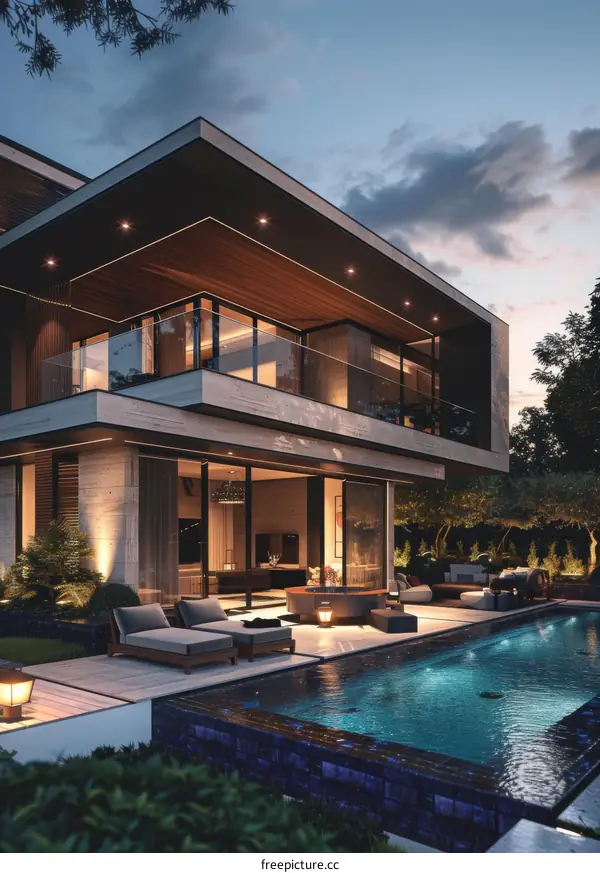 Modern Luxurious House with Swimming Pool at Dusk