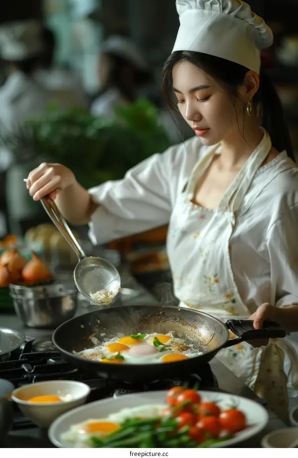 Asian woman cooking eggs in a pan