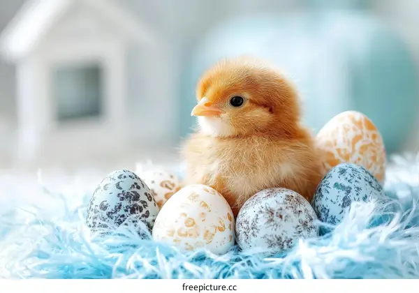 Cute Chick in a Nest with Easter Eggs