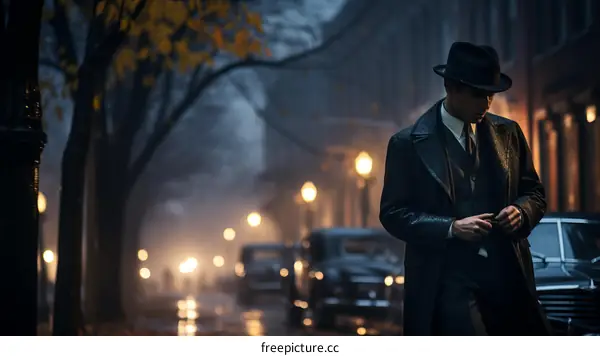 Man in a hat and coat walking down a street with cars parked on either side