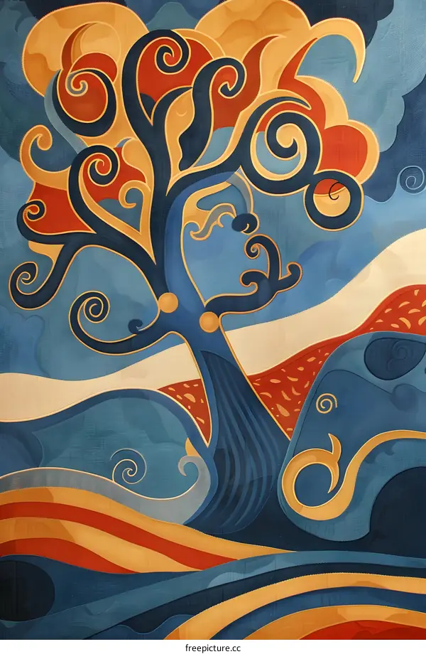 Abstract Art Tree Illustration With Swirls And Curves