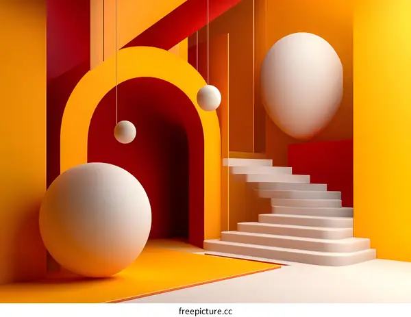 Abstract 3D Background with Orange Yellow Red Color Palette and White Spheres and Staircase