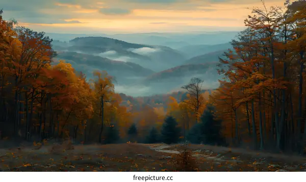 Autumn Forest Landscape with Foggy Mountains