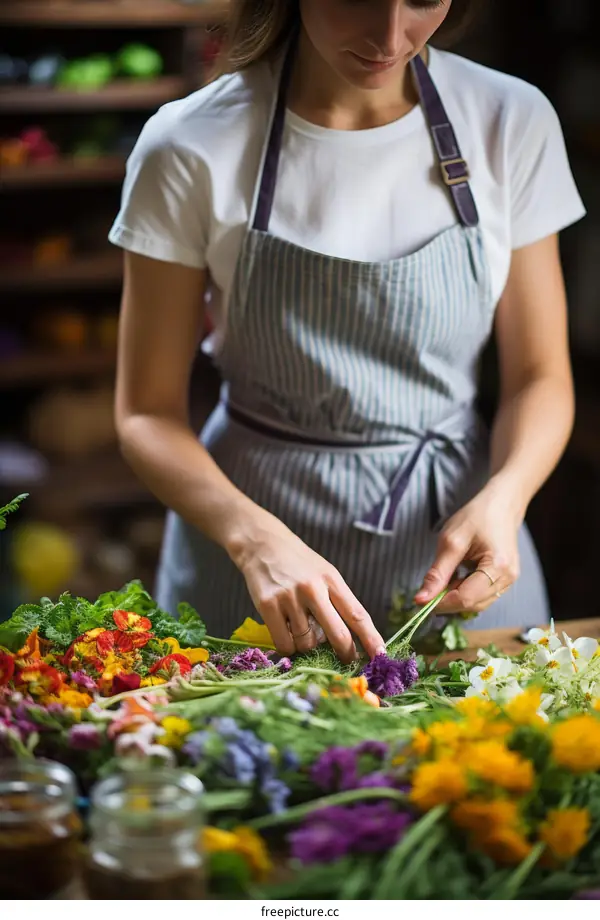 Young woman arranging flowers in a flower shop