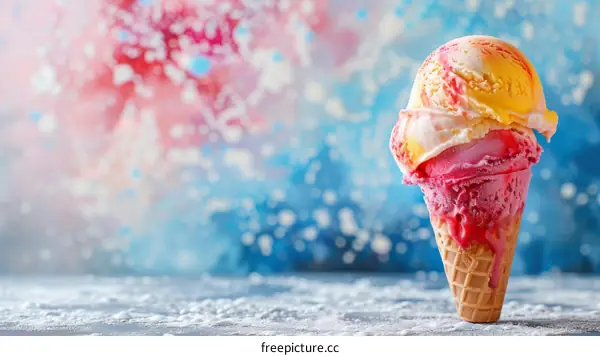 Ice cream cone with three different colored scoops of ice cream. Pink, yellow and white.
