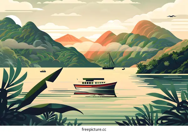 Tropical Island with Boat and Mountains