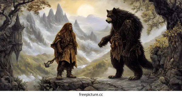 Fantasy Illustration of a Man and a Bear in a Mountain Landscape
