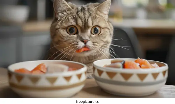 Cat Staring at Food in Bowls