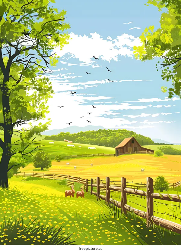 Green Field Meadow Landscape with Farm